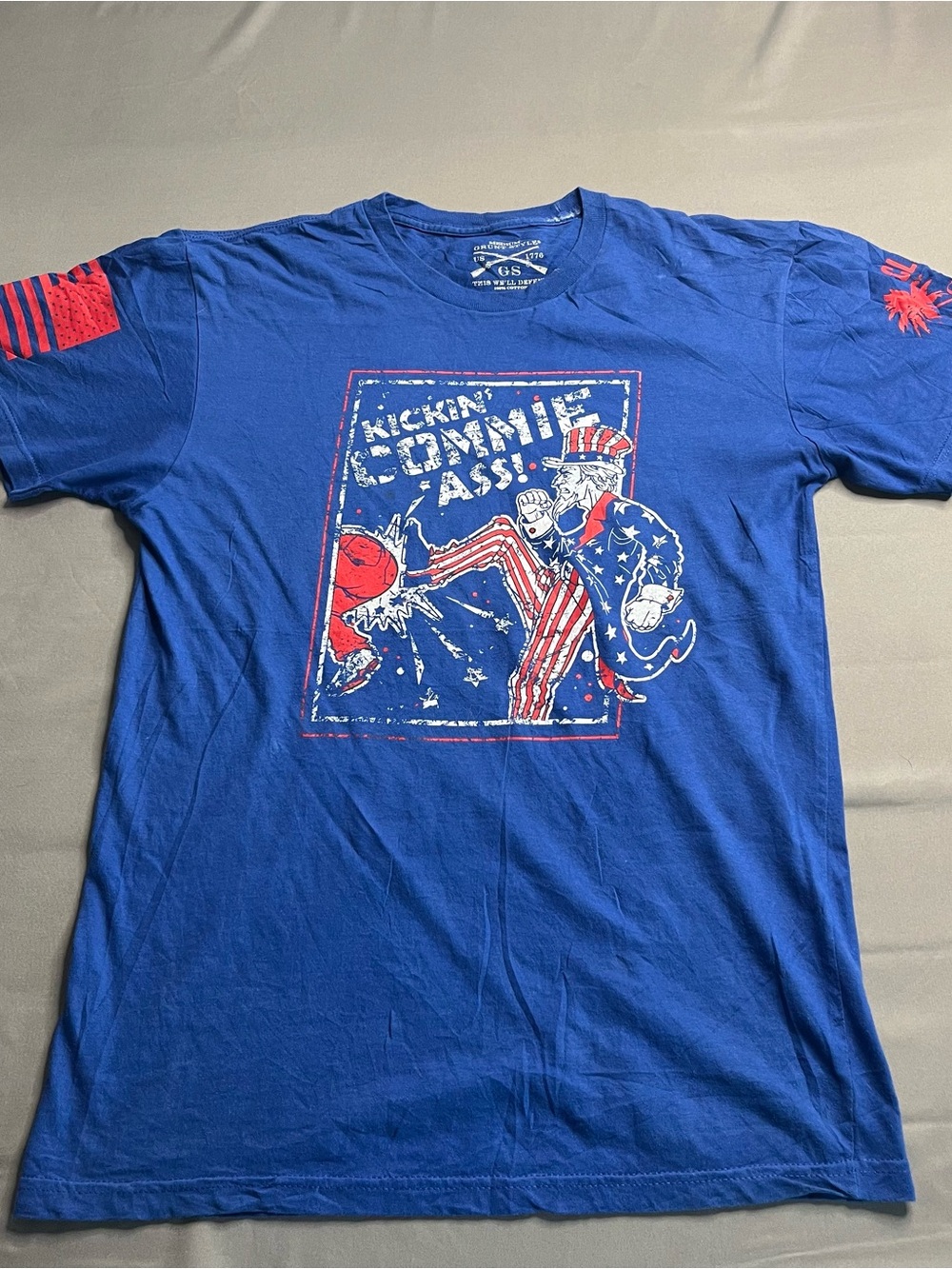 Grunt Style Blue Patriotic Graphic Tee with Red & White Print